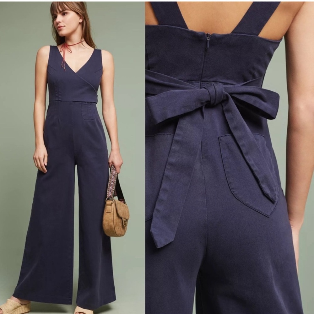Wide-Leg Navy Jumpsuit with Tie Back
